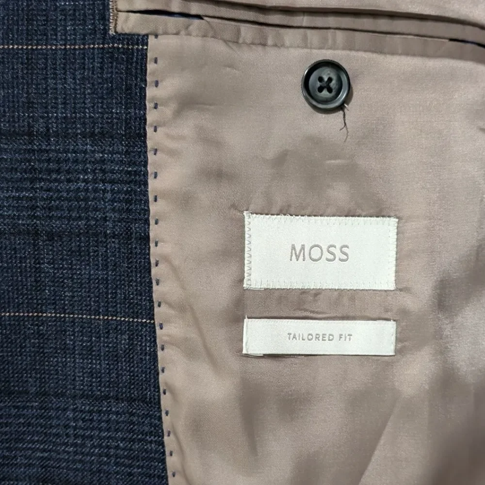 MOSS (Moss Bros) Navy Windowpane Plaid Blazer 44L Tailored Fit